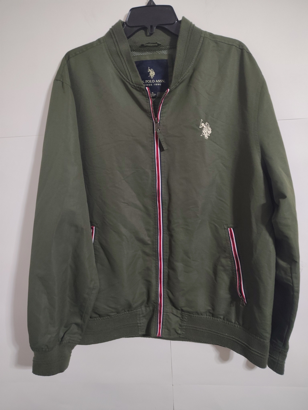 U.S. Polo Assn. Olive Green Bomber Jacket with Red & White Trim. ,-L